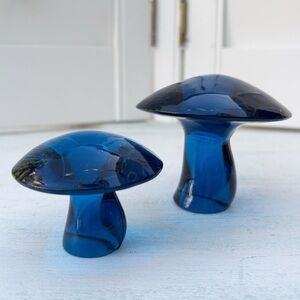 Vintage MCM Viking Blue Glass Mushroom Paperweight  Set Of 2